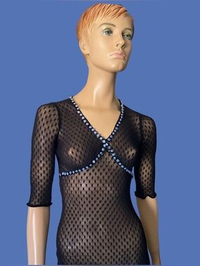 BETSEY JOHNSON SHEER POKA DOT DRESS WITH  BLUE ROSETTE & SEQUENCE TRIM